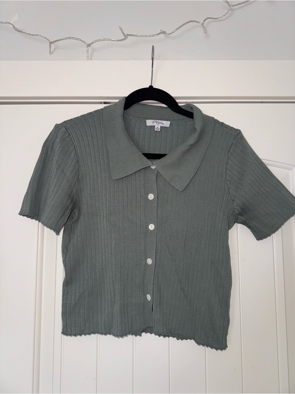 Polagram Sage Green Ribbed Button-Front Short Sleeve Top